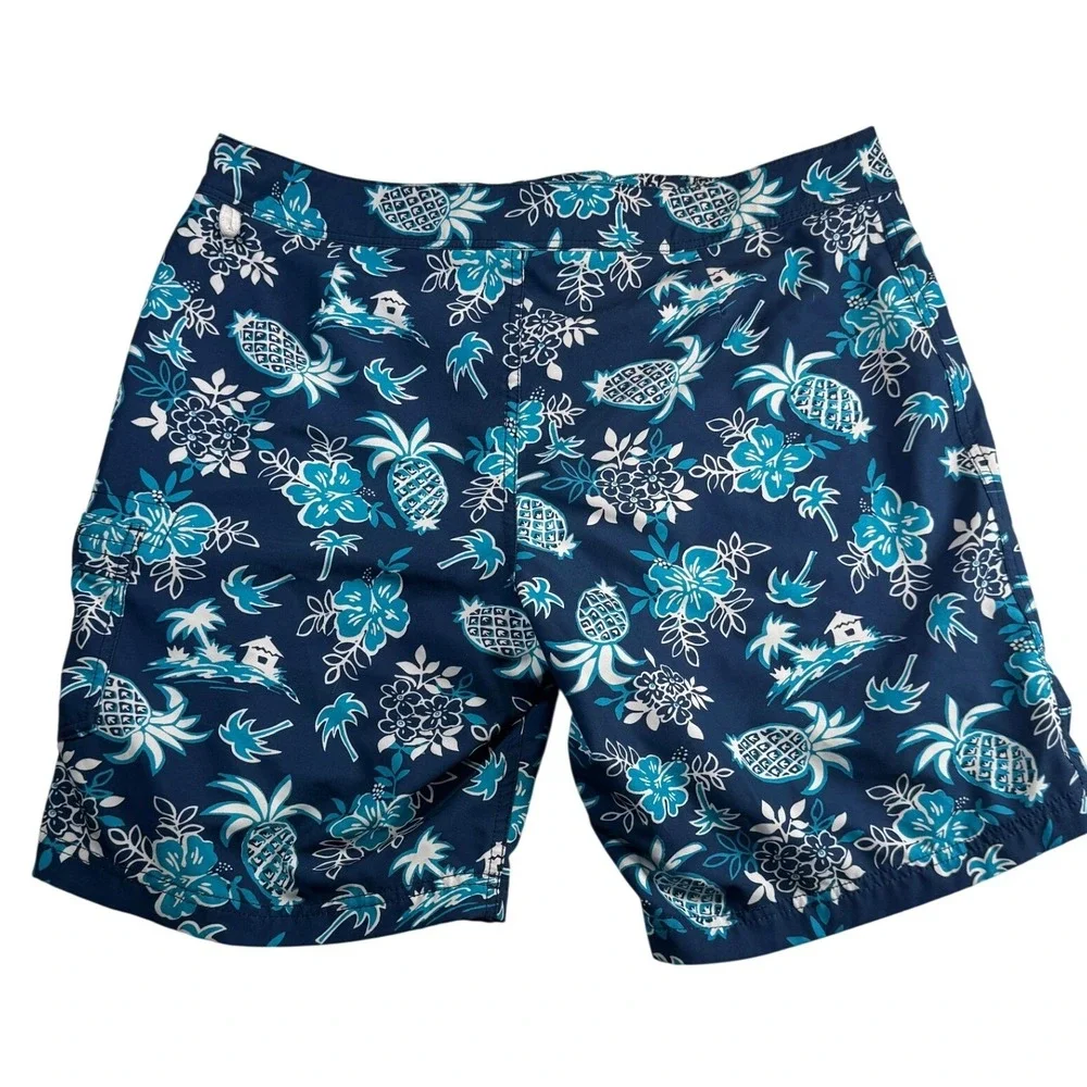 J.Crew Flex Swimwear Mens 34 Board Shorts Navy Blue Pineapple Floral Swim Trunks